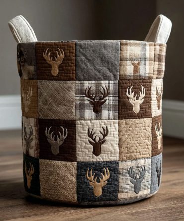 Forest Antlers Quilted Laundry Hamper - Large Collapsible Rustic Fabric Basket With Reinforced Handles For Cabin Décor
