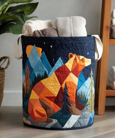 Forest Bear Quilted Laundry Hamper - Nature-Inspired Fabric Basket For Cozy Home Storage, Foldable With Comfortable Handles