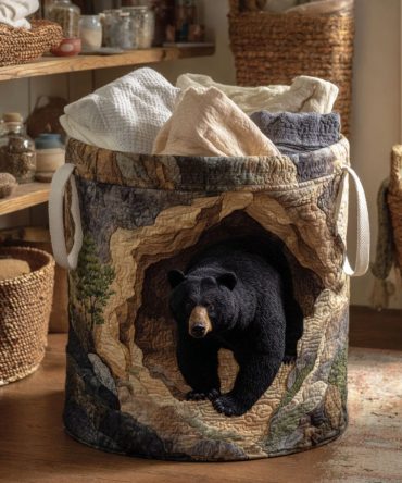 Forest Bear Quilted Laundry Hamper — Classic Forest Bear Print, Collapsible Quilted Fabric Basket With Handles For Practical & Decorative Home Storage