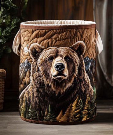 Forest Bear Stroll Quilted Laundry Hamper — Woodland Bear Print Collapsible Fabric Basket With Handles, Rustic Cabin Storage