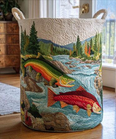 Forest Brook Trail Quilted Laundry Basket - Scenic Collapsible Fabric Hamper For Clothes, Towels & Home Organization, Rustic Cabin Accent