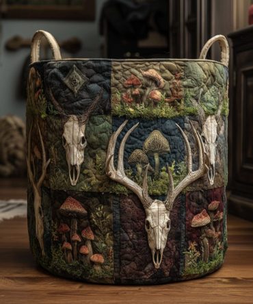 Forest Buck Quilted Laundry Hamper — Buck Motif Quilted Fabric Basket, Collapsible Laundry Organizer With Reinforced Handles For Home