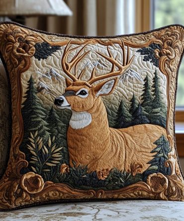 Forest Buck Quilted Pillow Cover — Rustic Woodland Throw Accent, Quilted Decorative Pillowcase For Cozy Cabin & Country Home Styling