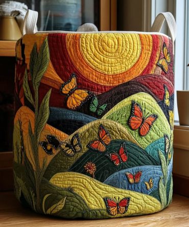 Handcrafted Quilted Linen Hamper - Forest Butterfly Motif , Foldable Washable Laundry Basket For Home, Large Capacity, Stylish