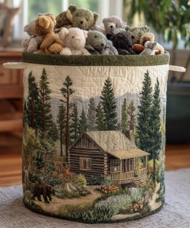 Forest Cabin Haven Quilted Laundry Hamper — Rustic Woodland Print Storage Basket, Soft Quilting, Collapsible & Portable