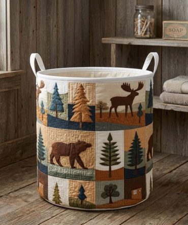Forest Cabin Quilted Laundry Hamper - Cozy Woodland Fabric Basket, Foldable With Reinforced Handles For Home & Cabin Storage