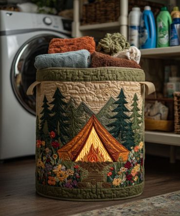 Forest Camp Quilted Laundry Hamper — Nature-Inspired Foldable Fabric Storage Basket With Strong Carry Handles