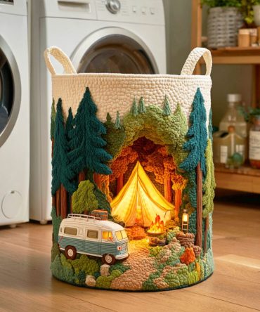 Forest Camper Quilted Laundry Hamper – Outdoor-Inspired Collapsible Fabric Basket, Sturdy Handles, Lightweight & Machine-Friendly