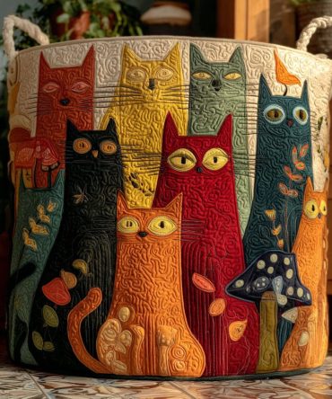 Forest Cat Gathering Quilted Laundry Basket — Foldable Decorative Hamper With Handles For Cat Lovers, Nursery & Cozy Home Storage