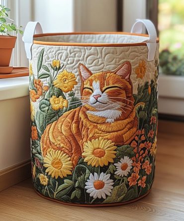 Forest Cat Quilted Storage Hamper — Woodland Cat Design Foldable Laundry Basket, Collapsible & Lightweight With Handles
