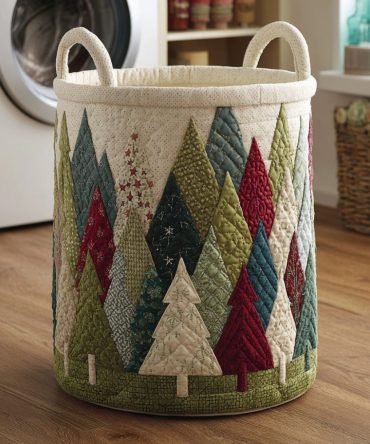 Forest Christmas Tree Quilted Laundry Hamper — Festive Evergreen Pattern, Collapsible Storage Basket With Reinforced Handles