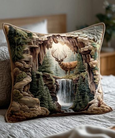 Forest Deer Quilted Decorative Pillow Cover — Elegant Deer Motif Throw Pillow Case For Rustic, Farmhouse & Cabin Styling