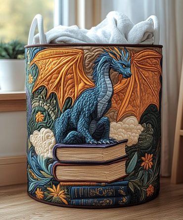 Forest Dragon Quilted Laundry Hamper — Playful Woodland Fabric Basket, Collapsible Kids Laundry Storage With Reinforced Handles