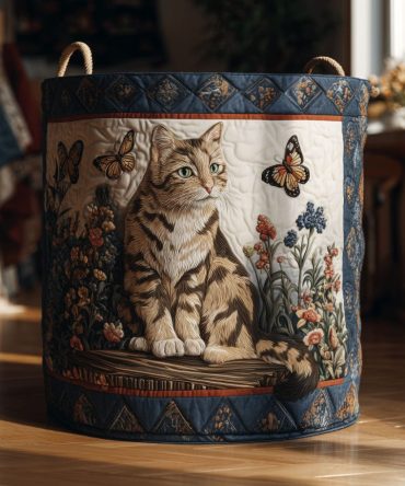 Whimsical Forest Cat Quilted Cotton Laundry Hamper — Foldable Decorative Storage Basket With Sturdy Handles For Bedroom & Nursery