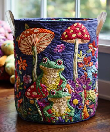 Forest Frogs Quilted Laundry Hamper — Cute & Functional Foldable Basket For Children'S Rooms, Lightweight With Strong Carry Handles