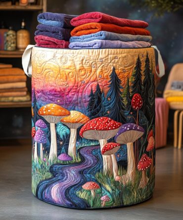 Forest Fungus Charm Quilted Laundry Hamper - Natural Collapsible Fabric Storage Basket With Reinforced Handles For Home