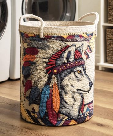 Forest Guardian Quilted Wolf Laundry Hamper — Nature-Inspired Collapsible Fabric Basket, Sturdy Storage For Bedroom & Cabin Decor