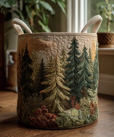 Forest Harmony Quilted Laundry Hamper — Eco-Inspired Collapsible Fabric Laundry Basket, Decorative Storage For Home & Cabin
