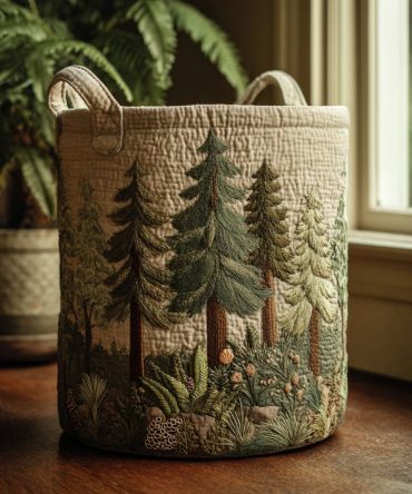 Forest Haven Quilted Laundry Hamper — Woodland Decorative Collapsible Basket With Quilted Fabric And Sturdy Handles For Organized Living