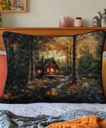 Forest Log Cabin Quilted Pillow Cover — Rustic Woodland Decorative Pillowcase For Cabin, Lodge & Cozy Country Interiors