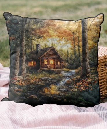 Forest Log Cabin Quilted Pillow Cover — Woodland Cabin Throw Pillow Case For Rustic Home, Lodge & Cabin-Style Decorating