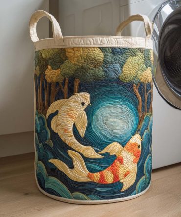Designer Quilted Storage Hamper - Forest Moonlight Koi Fabric Organizer, Foldable Laundry Bin For Home, Sturdy & Decorative