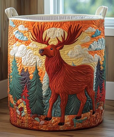 Forest Moose Quilted Laundry Hamper — Woodland-Themed Foldable Laundry Basket With Durable Handles For Home & Kids' Rooms