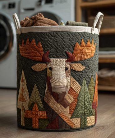 Forest Moose Quilted Laundry Hamper — Woodland Moose Print Fabric Laundry Basket With Sturdy Handles, Fold-Flat Storage & Cozy Style