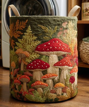 Forest-Themed Quilted Laundry Hamper — Forest Mushroom Print, Foldable Fabric Storage With Reinforced Handles & Breathable Interior
