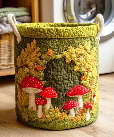 Forest Mushroom Quilted Laundry Hamper — Whimsical Woodland Fabric Basket With Collapsible Design, Sturdy Handles & Removable Washable Cover