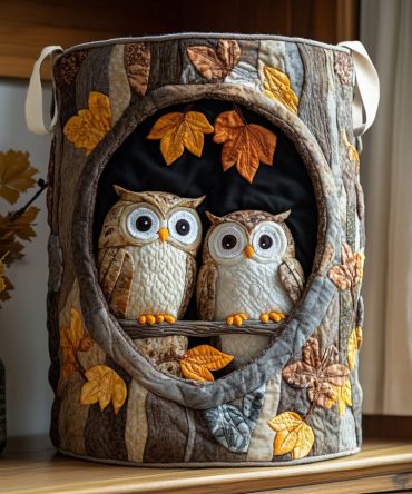 Forest Owl Quilted Laundry Hamper - Large Foldable Fabric Basket With Woodland Owl Print, Durable Handles, Decorative Storage