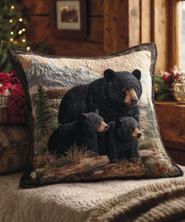 Forest Path Black Bear Quilted Pillow Cover — Woodland Bear Scenic Throw For Cabin & Lodge, Heavy Quilted Texture Rustic Nature Home Accent
