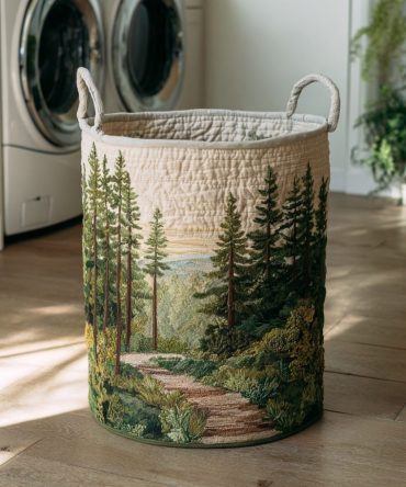 Forest Path Quilted Laundry Hamper — Woodland Print Fabric Laundry Basket, Collapsible Organizer For Rustic Home Décor
