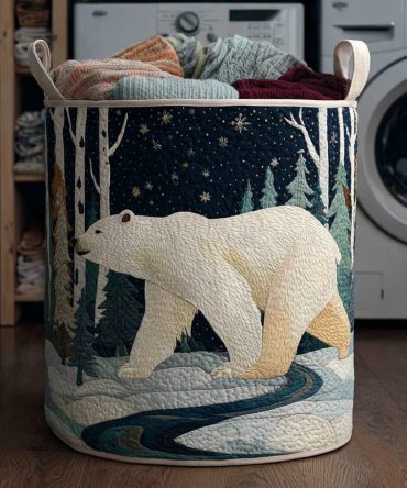 Forest Polar Bear Quilted Laundry Hamper – Woodland Bear Design, Foldable Washable Hamper With Reinforced Handles For Rustic Style