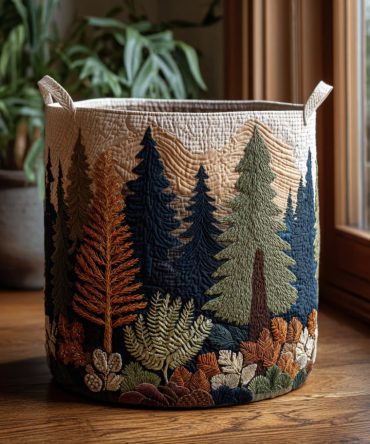 Forest Retreat Quilted Laundry Hamper — Serene Woodland Fabric Laundry Basket, Collapsible Organizer With Handles For Bedroom