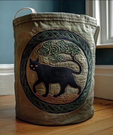 Forest Spirit Feline Quilted Laundry Hamper — Nature-Inspired Cat Design Storage Basket, Foldable Organizer For Home