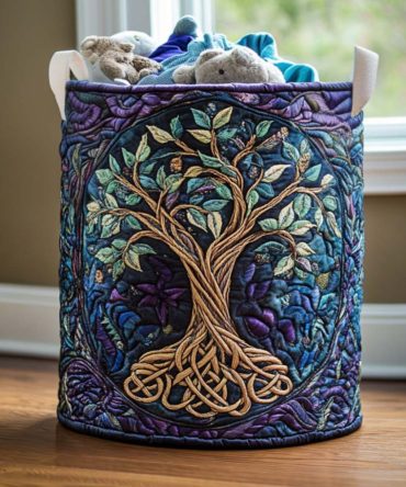 Forest Spirit Quilted Laundry Hamper — Green Nature Motif Foldable Fabric Basket With Durable Handles For Stylish Home Organization