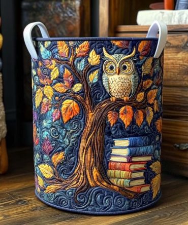 Forest Stack Owl Quilted Laundry Hamper — Cute Stacked Owl Design Fabric Basket With Handles For Kids' Rooms