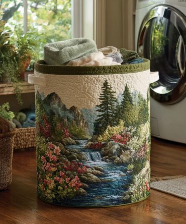 Forest Stream Quilted Laundry Hamper — Nature-Inspired Green Fabric Storage Basket, Collapsible Organizer For Home & Cabin