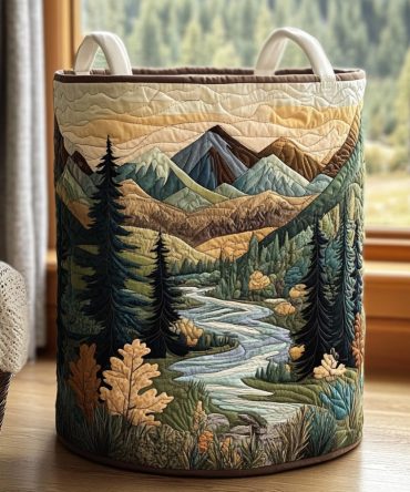 Forest Stream Quilted Laundry Hamper – Nature-Inspired Foldable Clothes Basket With Padded Sides, Durable Handles & Space-Saving Design For Home