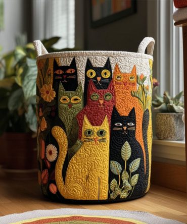 Forest Whiskers Quilted Laundry Hamper — Charming Woodland Cat Fabric Basket With Handles, Collapsible & Removable Liner For Easy Cleaning
