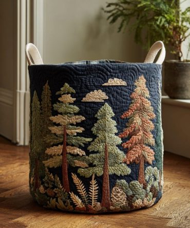 Forest Whisper Quilted Laundry Hamper — Soft Woodland Print Collapsible Fabric Laundry Basket, Durable Storage With Handles