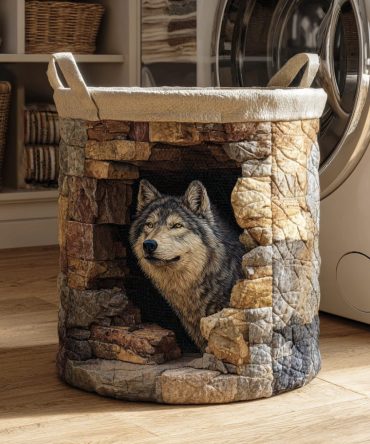 Forest Wolf Ambush Quilted Laundry Hamper — Dramatic Wolf Print Storage Basket, Padded Quilted Fabric, Collapsible Lodge-Style Laundry Hamper, Large-Capacity & Easy-Care