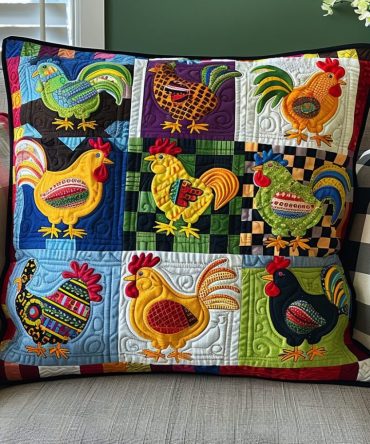 Fowl Fantasy Quilted Decorative Pillowcase - Whimsical Chicken Print, Soft Quilting, Farmhouse Accent Pillow Cover, Easy Care