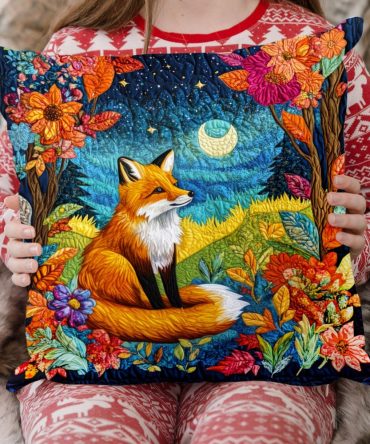 Enchanting Fox Night Quilted Accent Pillow Cover — Cozy Woodland Throw Cushion, Soft Reversible Cotton Blend For Home & Nursery