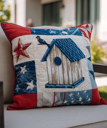Freedom Birdhouse Quilted Pillow Cover — Charming Patriotic Birdhouse Throw Pillow Sham For Porch, Patio & Cozy Living Spaces (Durable, Washable)