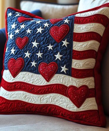 Freedom Bloom Quilted Decorative Pillow Cover — Floral Patriotic Throw Pillowcase, Soft Quilting, Easy-Care, High-Impact Accent