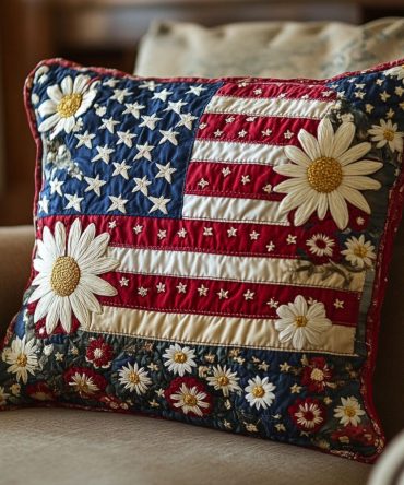 Freedom Garden Quilted Pillow Cover - Patriotic Floral Throw Case For 4Th Of July, Porch, Patio & Living Room Decor