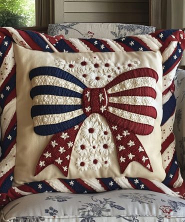 Threads Of Freedom Quilted Pillow Cover — Handcrafted-Look Patriotic Floral Accent For Cozy, Stylish Home Decor