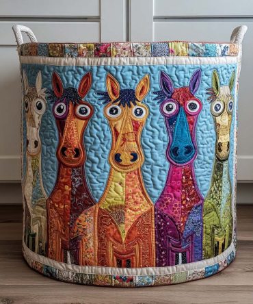 Friendly Fillies Quilted Children'S Laundry Hamper — Cute Horse Print Fabric Basket, Portable Collapsible Storage With Handles